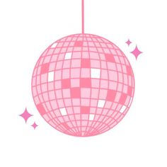 a pink disco ball hanging from a string with stars around it on a white background