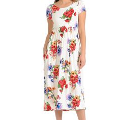 White/Red Floral Mid Calf Short Sleeve Dress With Pockets Dl-90130 Color: White/Red 95% Rayon, 5% Spandex Hand Wash, Hang Dry Made In Usa Small 0-4 Medium 6-8 Large 10-12 X-L 12-14 Measurements (Flat Down) Sleeve: S:6 M:7 L:8 Xl:9 Waist: S:13 M:13.5 L:14 Xl:14.5 Bust S:15.5 M:16 L:16.5 Xl:17 Length: S:49 M:50 L:51 Xl:52 Casual White Maxi Dress For Garden Party, Floral Short, Floral Shorts, Short Sleeve Dress, Dress With Pockets, Red Floral, Fitted Dress, Mid Calf, Sleeve Dress