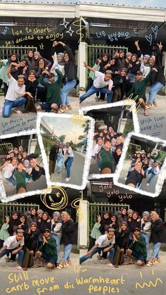 a collage of people posing in front of a fence