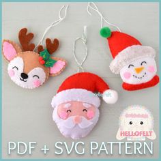 three felt christmas ornaments with santa claus and reindeer faces