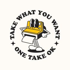 the logo for take what you want, one take on it's yellow chair