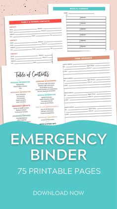 an emergency binder with the text, 25 printable pages