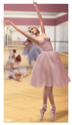 a young ballerina in a pink dress is posing for the camera with her arms outstretched