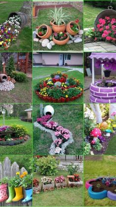 many different types of flower pots in the yard