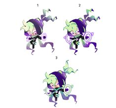 four different angles of an animated character with purple hair, green eyes and black clothes