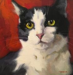 a painting of a black and white cat with yellow eyes