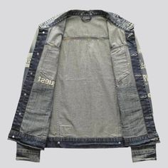 Vintage men embroidered denim jacket Denim Blue Cotton Jacket With Letter Print, Fitted Cotton Outerwear With Letter Print, Fitted Denim Outerwear With Letter Print, Fitted Embroidered Denim Jacket For Streetwear, Black Leather Dress Shoes, White Jeans Men, Fitted Denim Jacket, Yellow Denim, Black Leather Dresses