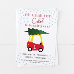 a birthday card with a car carrying a christmas tree