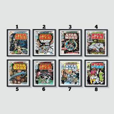 six star wars comics are shown in black frames with numbers on the front and bottom