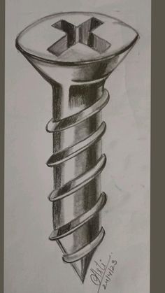 a pencil drawing of a screw with the letter t in it's center and an arrow on top