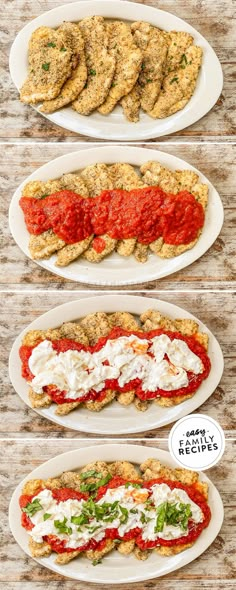 three plates with different types of food on them and the words, how to make chicken parmesan sandwiches