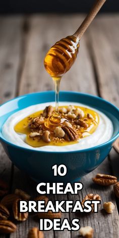 a blue bowl filled with yogurt and nuts