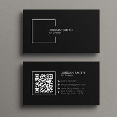 two black and white business cards with qr code on the front, and one in the back