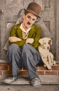 a drawing of a man sitting next to a dog on a brick wall with his arms crossed