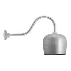 an industrial style wall light with a metal arm and round shade on the side, against a white background