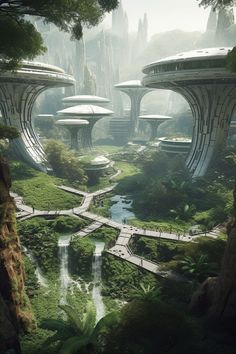 a futuristic city surrounded by trees and water