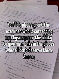 paper with the words ya ali please grant the examine who is correcting my physics paper the ability to give me marks in the places where i don't