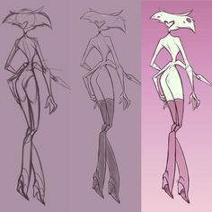 three sketches of different types of female body shapes and hair styles, each with long legs