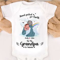 Our personalized baby onesies are incredibly comfy and adorable, making them essential items for your loved children (from newborns to 24-month-old kids). Made from 100% ring-spun cotton (for solid colors), our onesies are surely durable and breathable to be worn all year round. The fabric weight is light (only 5 oz), so you can ensure that your kids will be totally comfortable while wearing the onesies.Standing out from the crowd, our baby onesies are customizable so you can totally add your ow Hand Picked From Heaven, Grandpa In Heaven, Personalized Baby Onesies, Custom Baby Onesies, Personalized Onesie, Holding Baby, Newborn Outfit, Essential Items, Custom Baby