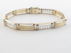 "Offering here is a fabulous 14 k yellow and white gold Greek key design men's bracelet!! Metal Purity: 14k Gold, Stamped Length: 8\" long Width: Almost 3/8\" or 7.50 mm wide Weight: 18.10 grams Clasp: Slide in clasp with safety latch Complementary Gift Box Images may be enlarged to show detail'Please read description. *Free shipping USA through USPS.I usually ship the item as soon as the payment received or within one day.For International shipping please refer to the list of countries I ship t Classic White Rectangular Bracelets, Classic White Engraved Bracelets, Gift Box Images, Heart Ankle Bracelet, Bracelet Elegant, List Of Countries, Luxury Bracelet, Bracelet Metal, Bracelets Gold Diamond