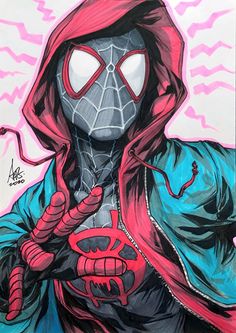 a drawing of a spider - man wearing a hoodie and holding a snake in his hands