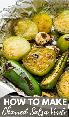 charring vegetables in a skillet. Spicy Green Sauce, Poblano Salsa, Fire Roasted Salsa, Roasted Salsa, Homemade Salsa Verde, Salsa Verde Recipe, Verde Recipe, Chunky Salsa, Green Sauce