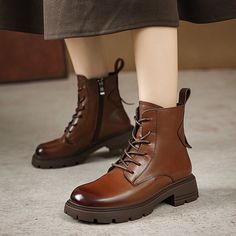 Gender: Women	Type: Boots	Main Materials: Cowhide	Insole: Pigskin	Sole: Rubber	Type of Closure: Zipper	Style: Daily. Casual. Retro	Season: Spring. Autumn	Heel Height: Low (3 cm) Leather Combat Boots Women, Leather Combat Boots, Coffee Sizes, Womens Combat Boots, Boots For Sale, Black Coffee