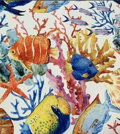 watercolor painting of tropical fish and corals on white paper with blue, yellow, orange and red colors