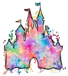 a drawing of a colorful castle with lots of paint splattered on the walls