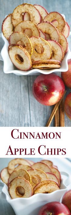 cinnamon apple chips on a white plate with apples and cinnamon sticks in the background text reads, cinnamon apple chips