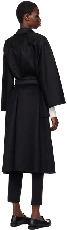 Handcrafted double-faced zibeline cashmere coat. · Notched lapel · Open front · Detachable self-tie belt · Patch pockets · Raglan sleeves · Unlined Supplier color: Black Luxury Structured Wool Coat For Office, Luxury Wool Coat For Work With Concealed Fastening, Elegant Structured Wool Coat With Pockets, Luxury Wool Coat With Belted Cuffs For Office, Chic Wool Coat With Concealed Front Fastening, Chic Wool Coat With Concealed Front For Office, Luxury Evening Outerwear With Pockets, Belt Tying, Cashmere Coat