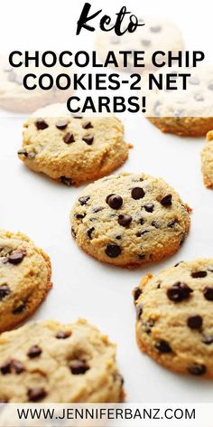 chocolate chip cookies on a baking sheet with the words keto chocolate chip cookies above them