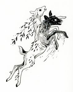 a black and white drawing of a horse with leaves on it's back legs