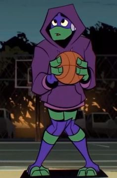 a cartoon character holding a basketball in one hand and wearing a purple hoodie on the other