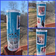 three pictures of the same person on a blue and white tumbler cup that says ready we're not