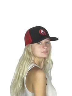 Red/black, mesh, snap back, trucker hat, with Treevy classic logo embroidered in red and white. Red Hip Hop Trucker Hat With Curved Brim, Red Trucker Snapback Fitted Hat, Snap Back, Classic Logo, Snap Backs, Cute Woman, Black Mesh, Logo Embroidered, Trucker Hat