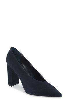 A faux-suede upper brings a contemporary aesthetic to a luxe pump balanced by a pointy toe and sky-high block heel. 4" heel Textile upper/synthetic lining and sole Imported Suede Heels With Sculpted Heel For Office, Modern Suede High Heels, Suede Block Heels With Wrapped Heel For Evening, Chic Suede Block Heels With Wrapped Heel, Suede Court Shoes With 4-inch Heel For Office, 4-inch Heel Suede Pointed Toe Heels, Pointed Toe Suede Heels With 4-inch Heel, Modern Suede Block Heels, Sleek Suede Heels With Sculpted Heel