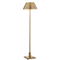 a floor lamp with a gold shade on the base and a white light behind it