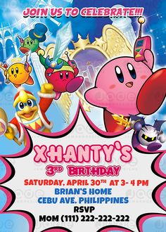 a birthday party flyer with cartoon characters on it