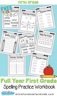 the full year first grade spelling practice workbook is shown with four pages and an apple