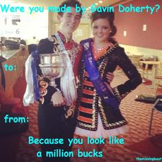 two people standing next to each other wearing costumes with words above them that read, were you made by - eavin doherty? from because you look like a million bucks