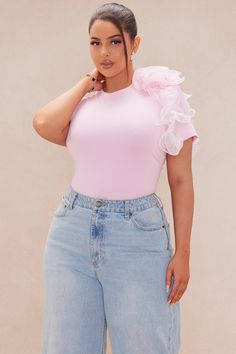 Available In Black, White, And Pink. T-Shirt Crew Neckline Short Sleeves 3D Tulle Rose Detail Stretch Shell1: 47% Cotton 47% Modal 6% Spandex Sherll2: 100% Polyester Imported | Marielos Ruffle T-Shirt in Pink size Small by Fashion Nova Chic Ruffled Stretch T-shirt, Feminine Crew Neck Party Tops, Chic Pink Stretch T-shirt, Fitted Ruffle Crew Neck T-shirt, Fitted Ruffled Crew Neck T-shirt, Fitted Crew Neck T-shirt With Ruffles, Pink Fitted Chic T-shirt, Ruffle T Shirt, Rosé Details