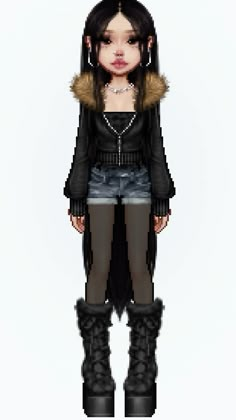 a girl in black jacket and boots standing next to a white background with text that reads,