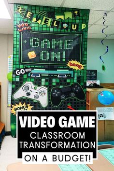 This picture shows a classroom decorated for a video game classroom transformation day and has decorations to go with it. It shows a video game tarpaulin hanging from the ceiling. Roblox Classroom Theme, Staar Themes Ideas, Gaming Classroom Decor, Level Up Classroom Theme, Game On School Theme, Video Game Classroom, Classroom Games Elementary