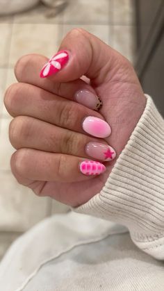 pink, aura, cheetah, snake skin, floral, almond, acyrlics How To Do The Aura Nails, Preppy Nails Almond Shape, Utah Nails Fall, Gel X Nail Designs Winter, Nail Designs Different On Each Nail, How To Do Cheetah Print On Nails, Aura Nails With Design, Hot Pink Design Nails