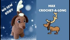 there is a crocheted dog with a reindeer hat on it's head