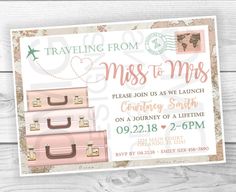 a pink suitcase is on top of a white wooden background with the words traveling from miss to mrs