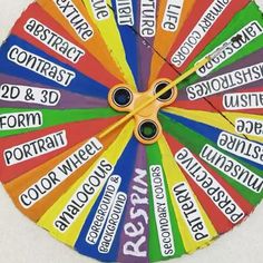 a colorful wheel of fortune with words written on the sides and numbers painted on it