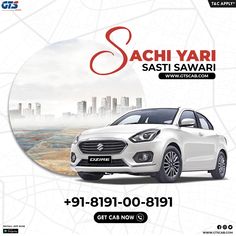 an advertisement for a car dealership in the middle of india, featuring a white car and