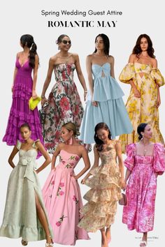 many different types of dresses are shown in this image with the caption spring wedding guest attire romantic may